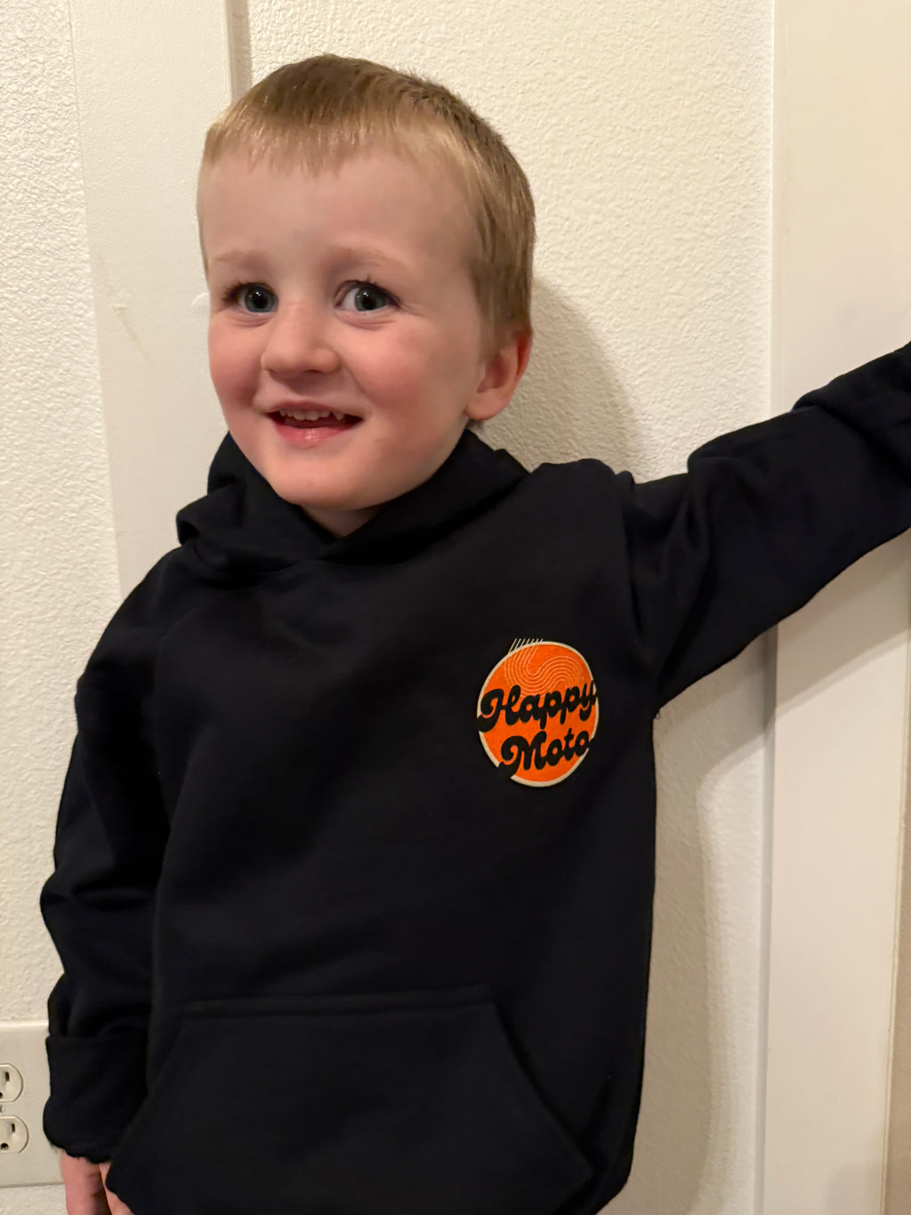 Happy Moto MX black youth pullover hoodie — front view, kids motocross apparel Oregon