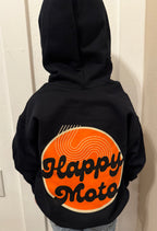 Happy Moto MX youth hoodie back view — black kids MX pullover made in Central Oregon