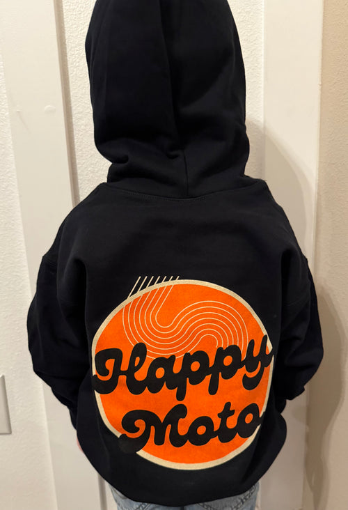 Happy Moto MX youth hoodie back view — black kids MX pullover made in Central Oregon