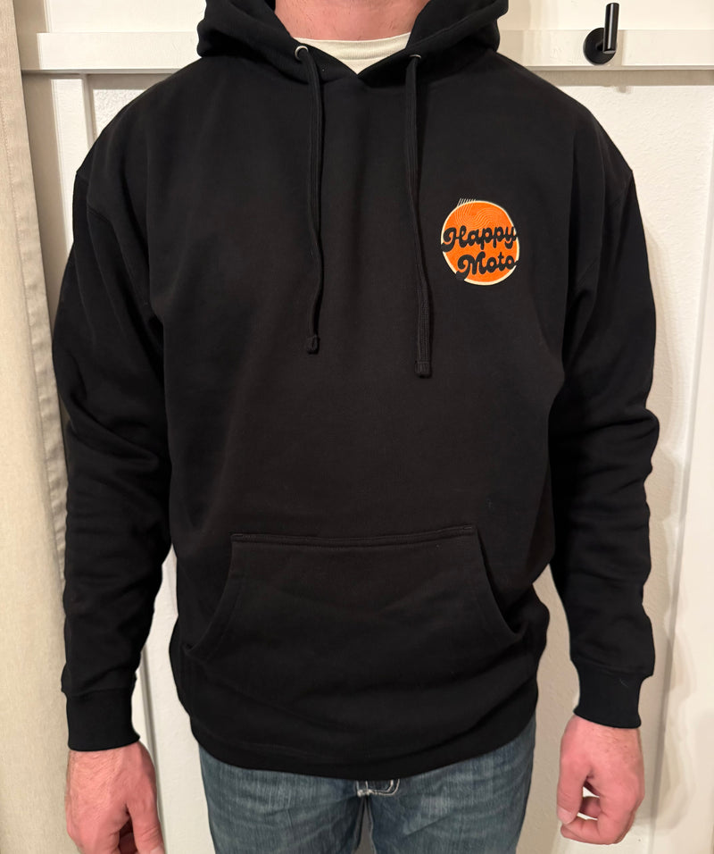 Happy Moto MX black adult pullover hoodie — front view, motocross apparel made in Oregon