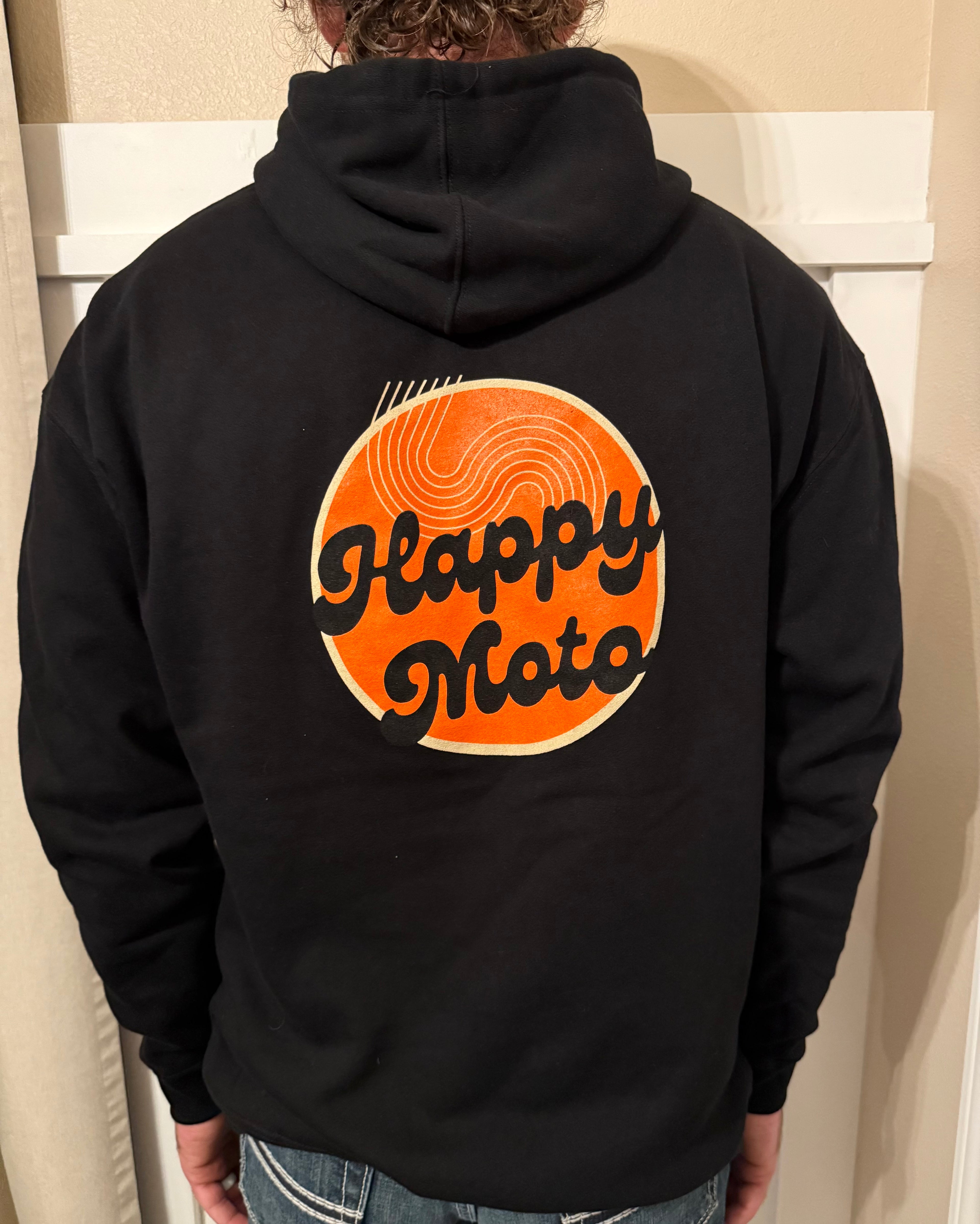 Happy Moto MX adult hoodie back view — black MX pullover with logo, Central Oregon