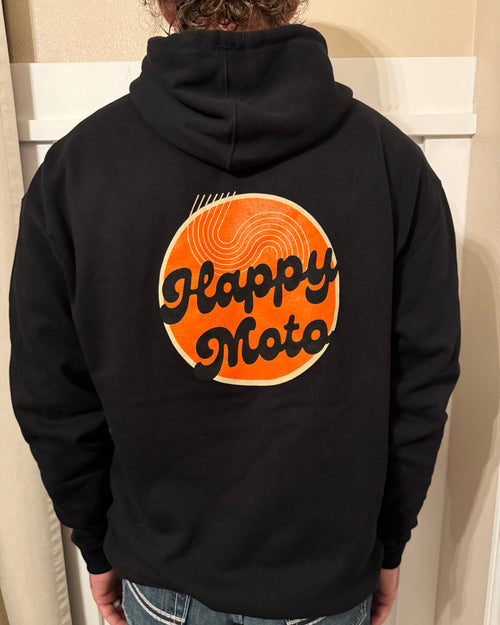 Happy Moto MX adult hoodie back view — black MX pullover with logo, Central Oregon